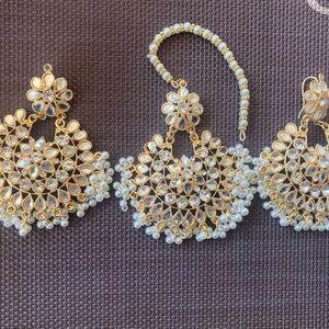 Gold and White Pearl Kundan Chandbali Earrings with bindi